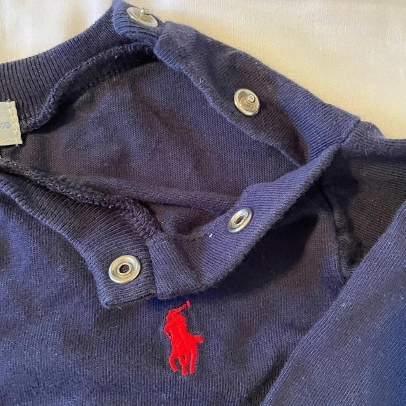 Ralph Lauren Baby Long Sleeve Navy Snap Shoulder 12 Month Shirt Red Polo Emblem - Picture 6 of 7